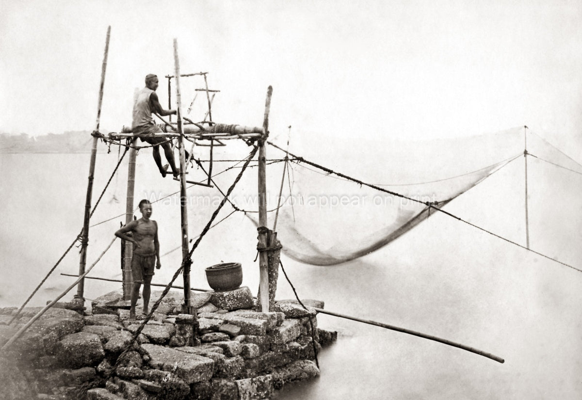 Chinese Fishermen Traditional Fishing Net Bamboo Structure Vtg. Photo 19thC.