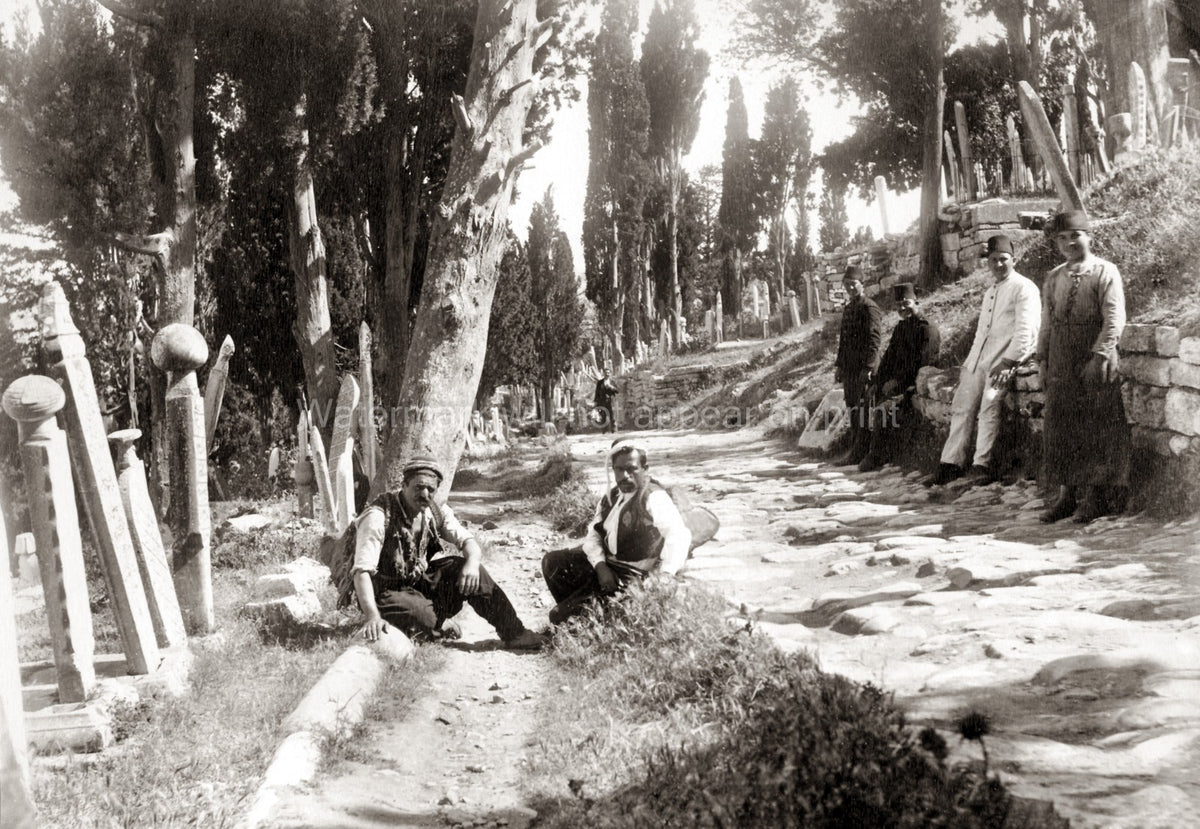 Eyup Cemetery Constantinople Men Gravestones Cypress Trees Vtg. Photo 19thC.