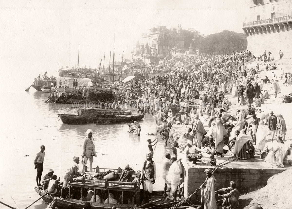 Benares Varanasi India River Ganges Crowd Bathing Ghats Boats Vtg. Photo 19thC.