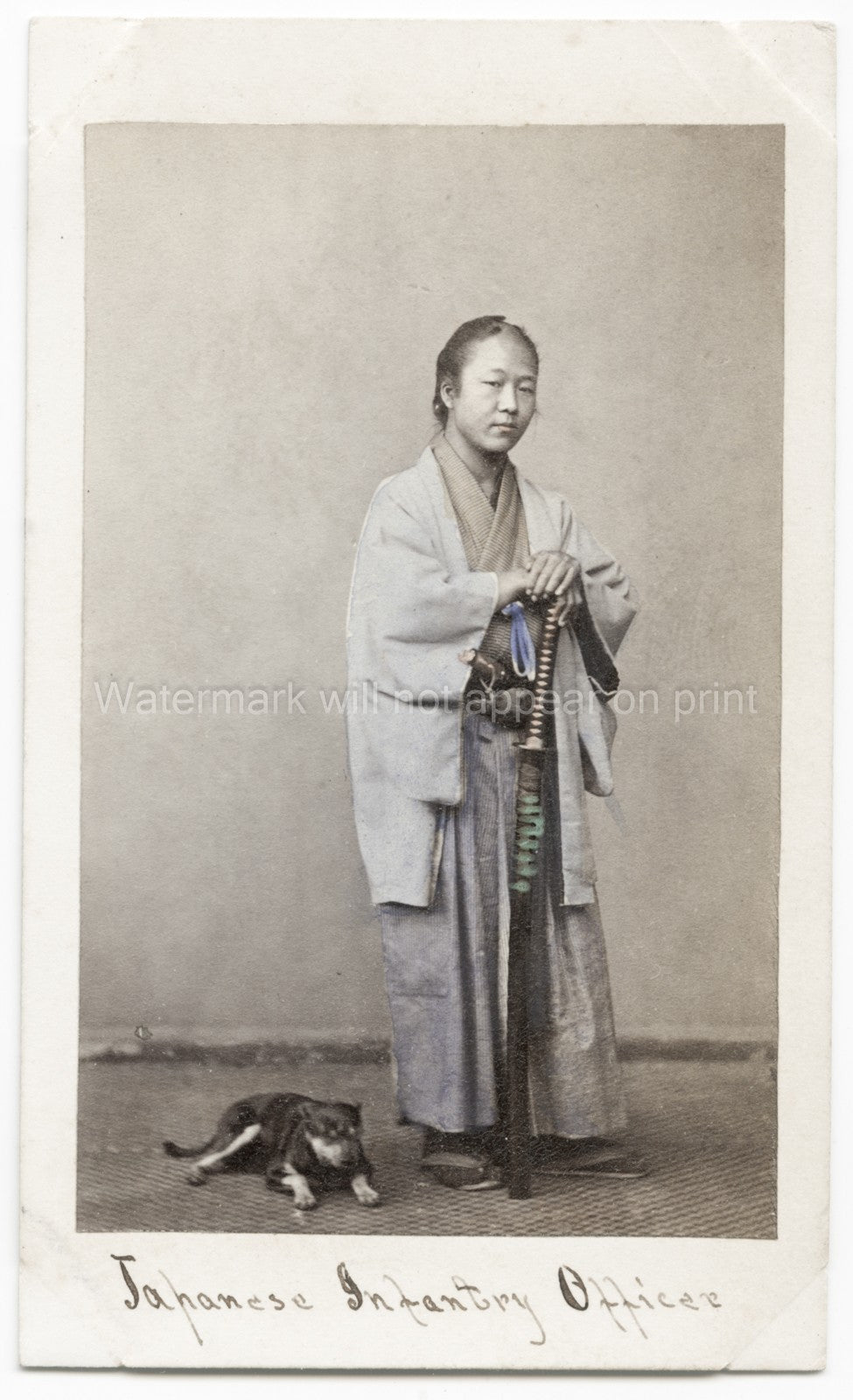 Japan Japanese Infantry Officer Samurai Sword Kimono Dog Vtg. Photo 19thC.