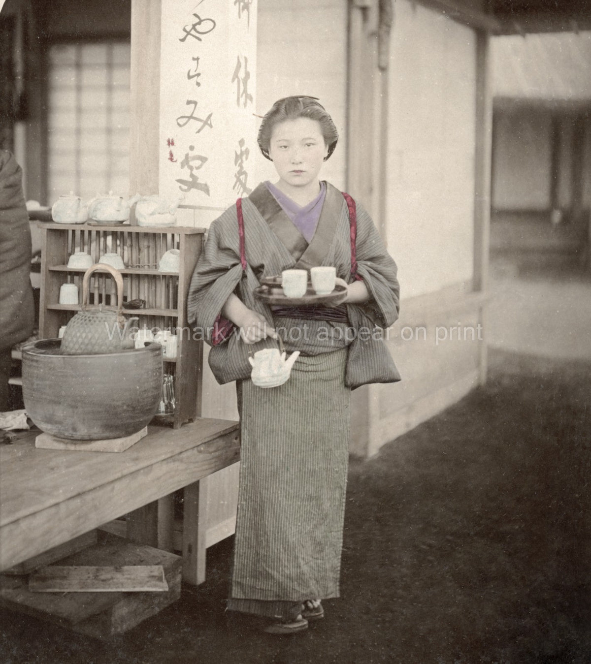 Japan Serving Girl Tea House Kimono Tray Teacups Traditional Vtg. Photo 19thC.