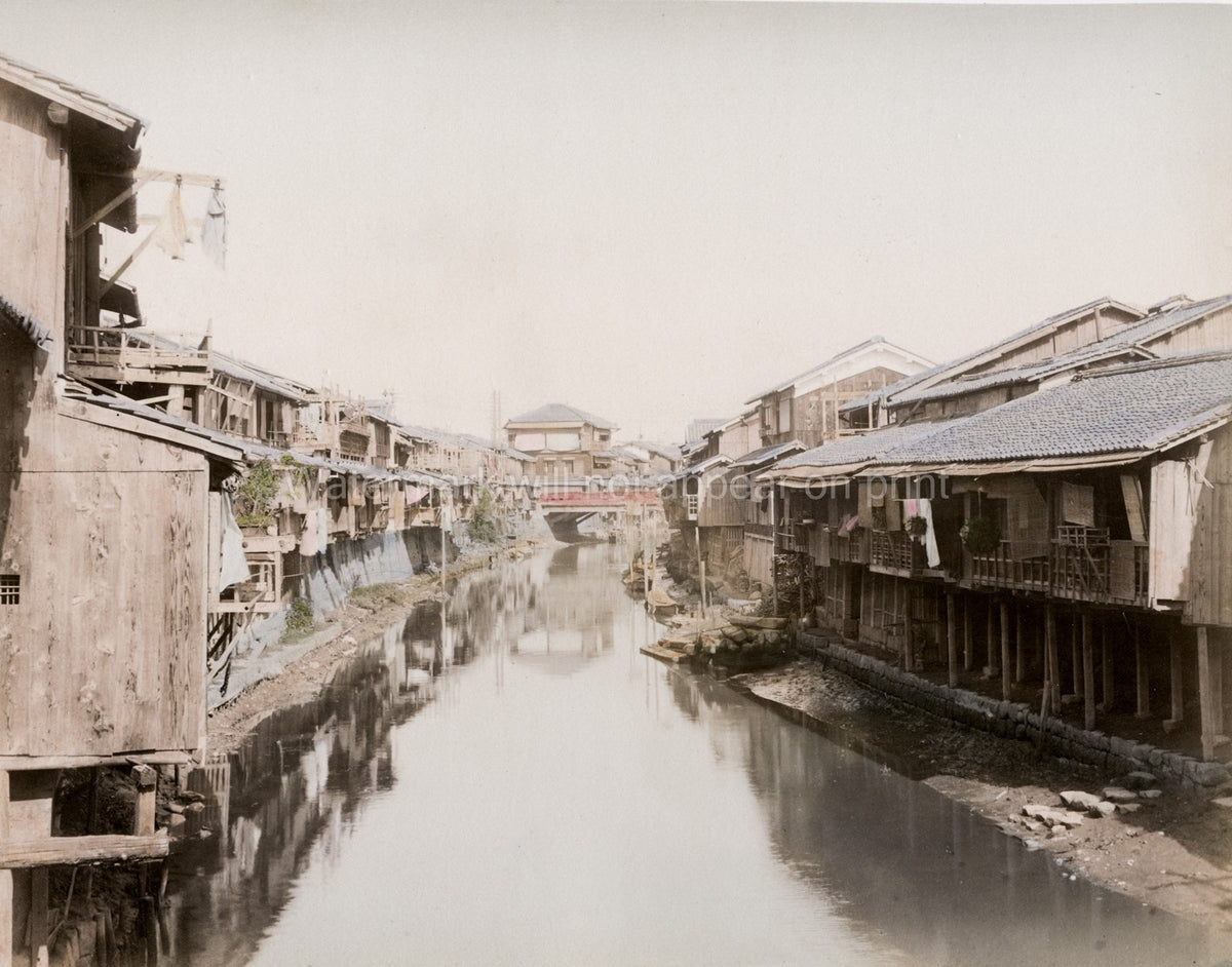 Dotonbori Osaka Japan Waterfront Canal View Buildings Bridge Vtg. Photo 19thC.