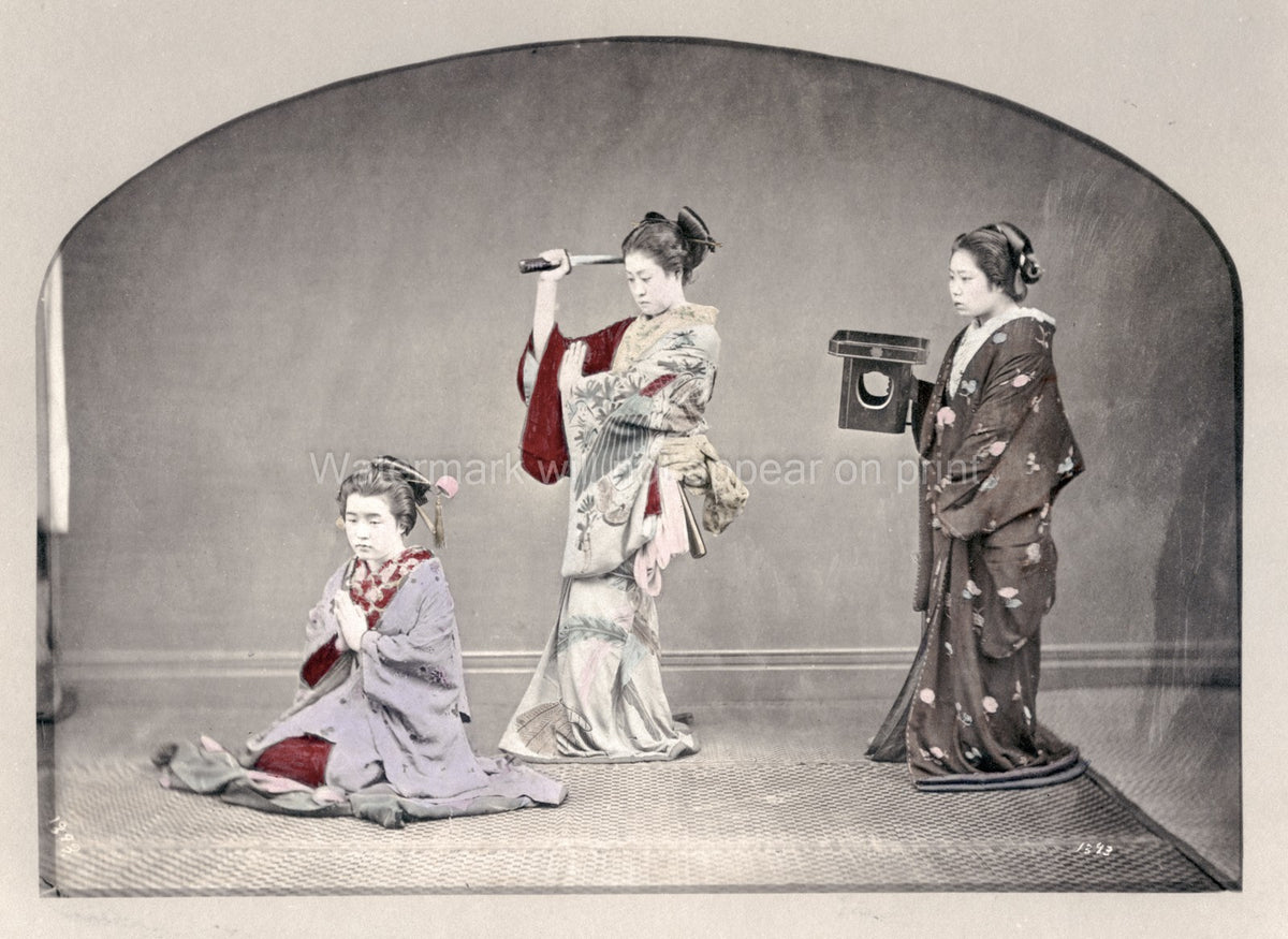 Japanese Women Staged Seppuku Ritual Kimono Sword Samurai Vtg. Photo 19thC.