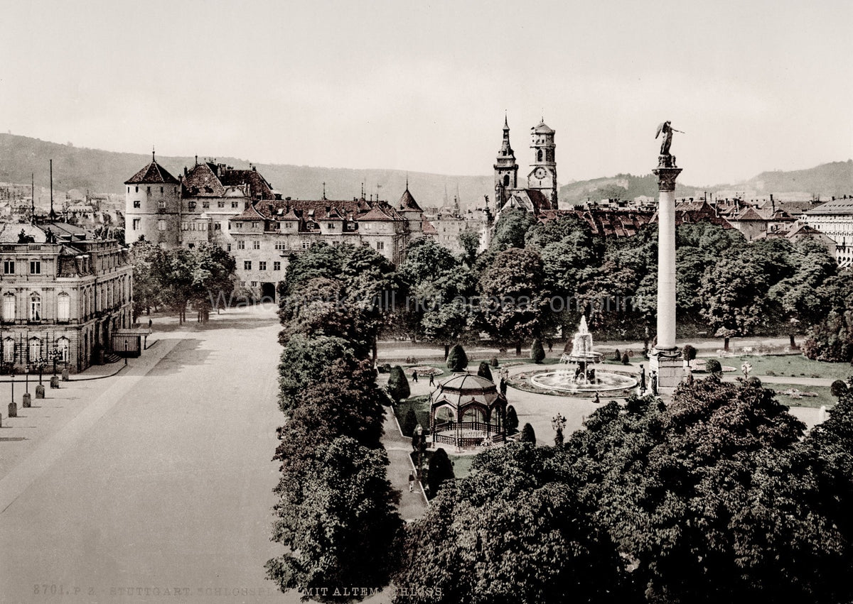 Stuttgart Germany Schlossplatz Old Castle Jubilee Column Vtg. Photo 19thC.