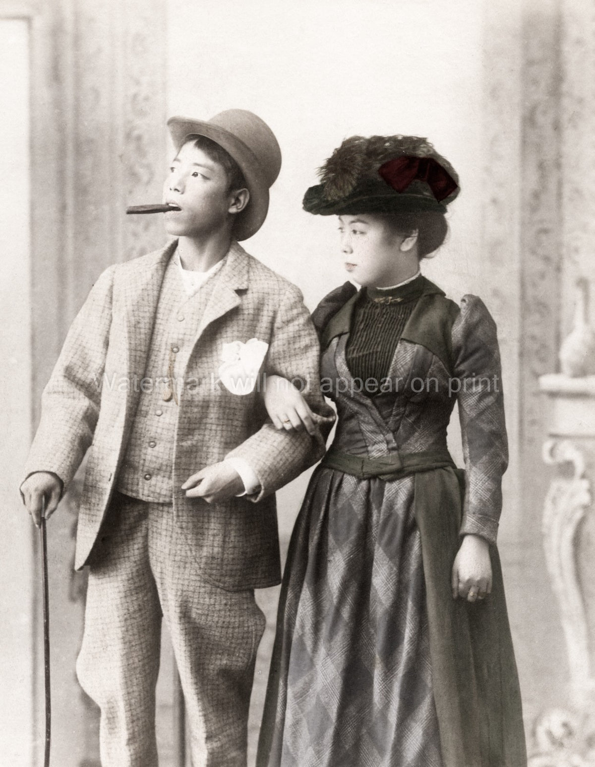 Japanese Couple Western Clothes Fashion Suit Dress Cigar Cane Vtg. Photo 19thC.