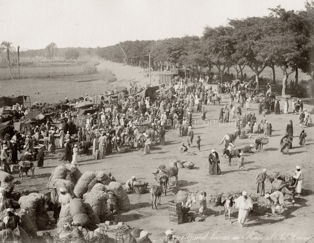 Cairo Egypt Kasr el Nil Grand Bazaar Market Crowd Merchants Vtg. Photo 19thC.