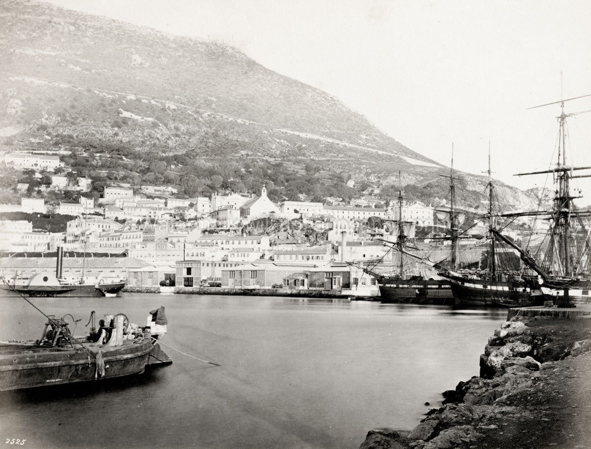 Gibraltar Harbour Rock Sailing Ships Seaport Townscape Vtg. Photo 19thC.
