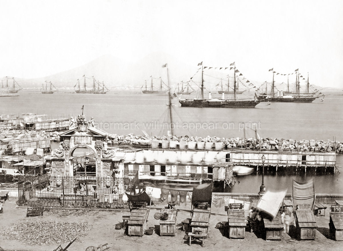 Naples Italy Harbor Ships Fleet Bay Mount Vesuvius Vtg. Photo 19thC.
