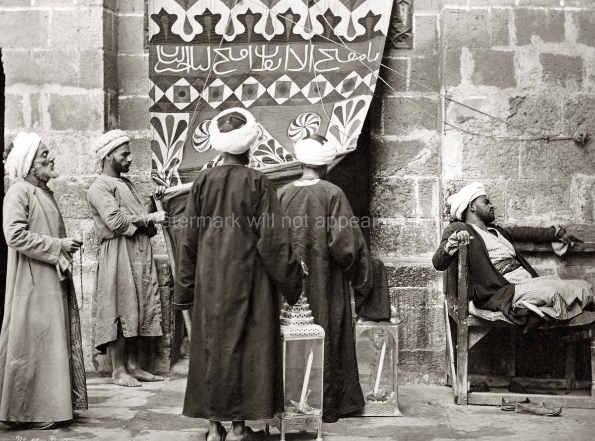 Egypt Muslim Men Praying Turbans Robes Lanterns Banner Vtg. Photo 19thC.