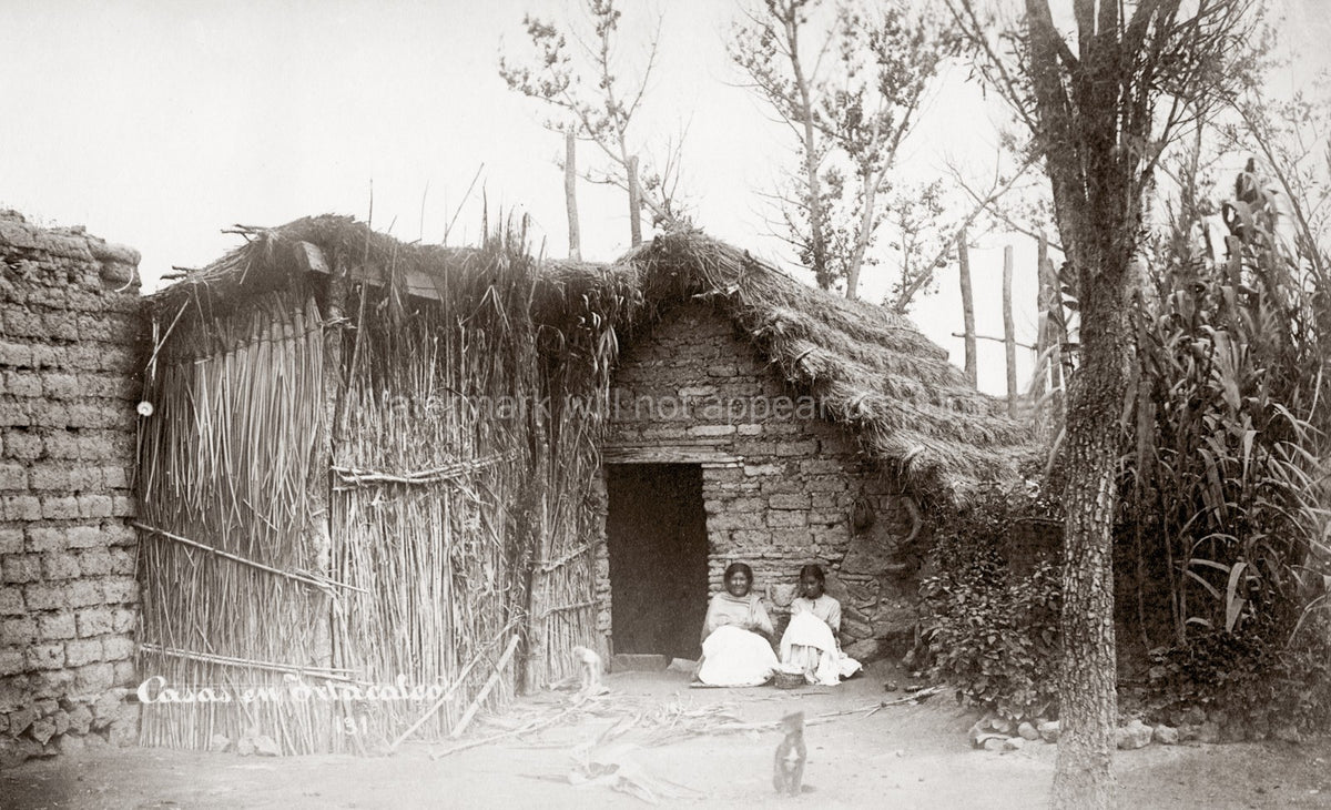 Mexico Country House Girls Adobe Hut Rural Life Vtg. Photo 19thC.