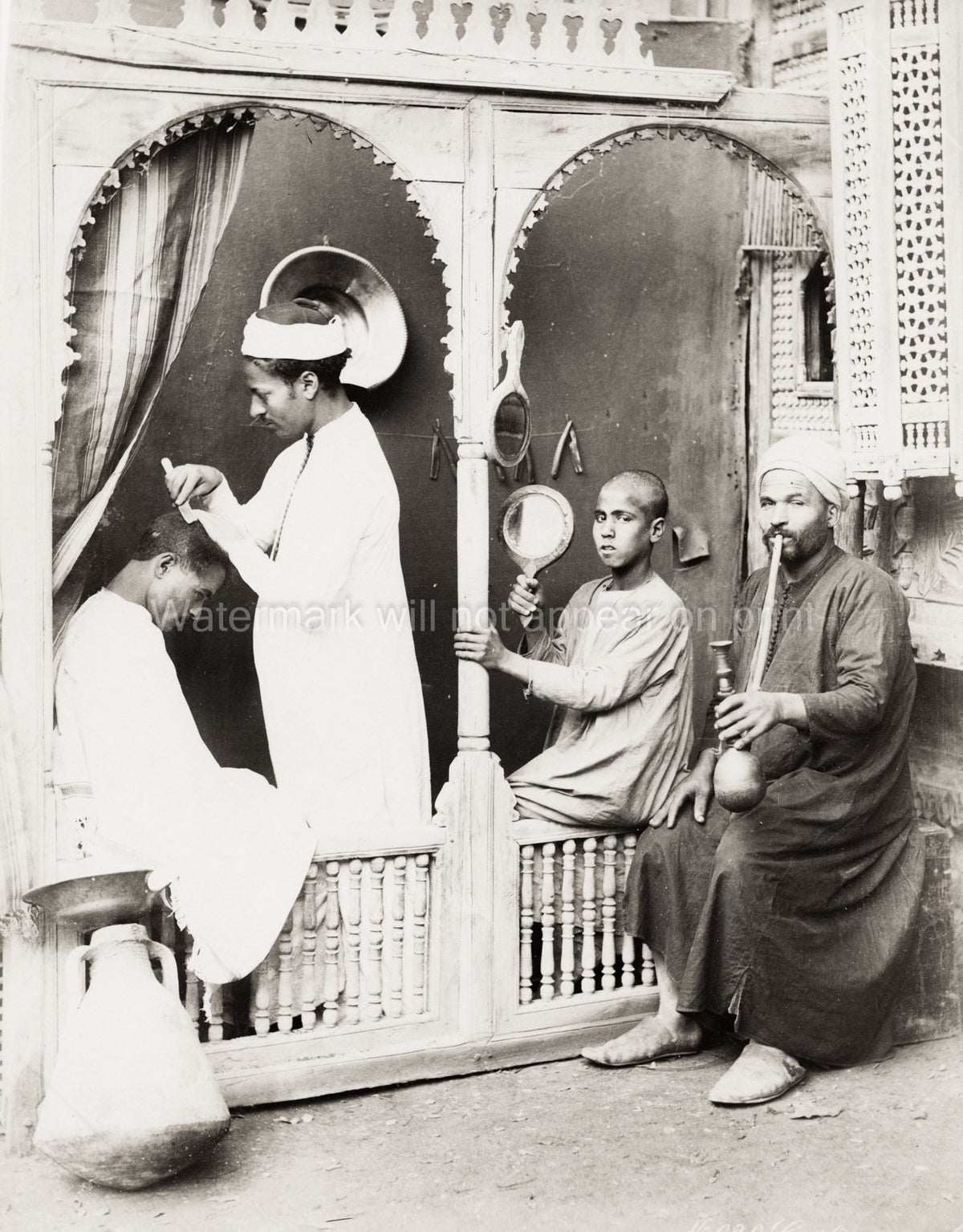Cairo Egypt Barber Work Outdoor Shop Hookah Shaving Vtg. Photo 19thC.