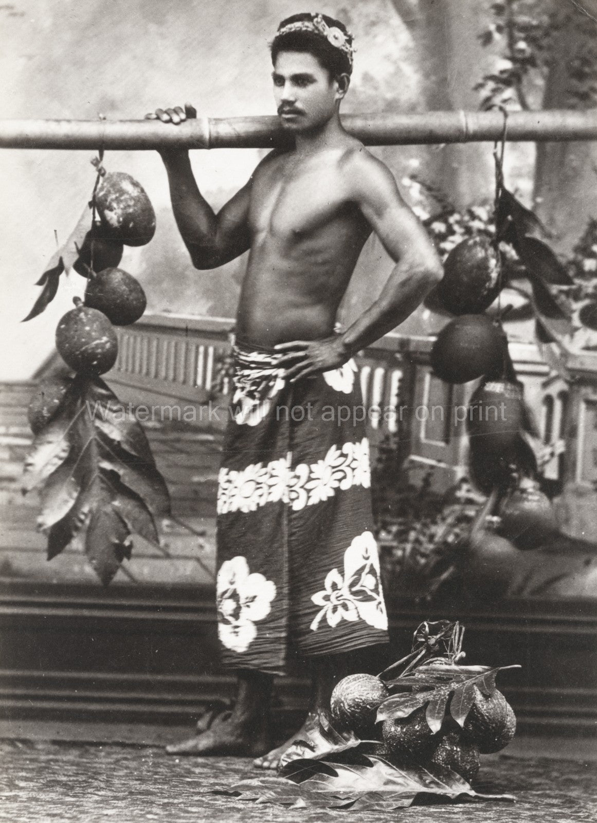 Pacific Islands Samoa Man w Breadfruit Pole Sarong Studio Vtg. Photo 19thC.