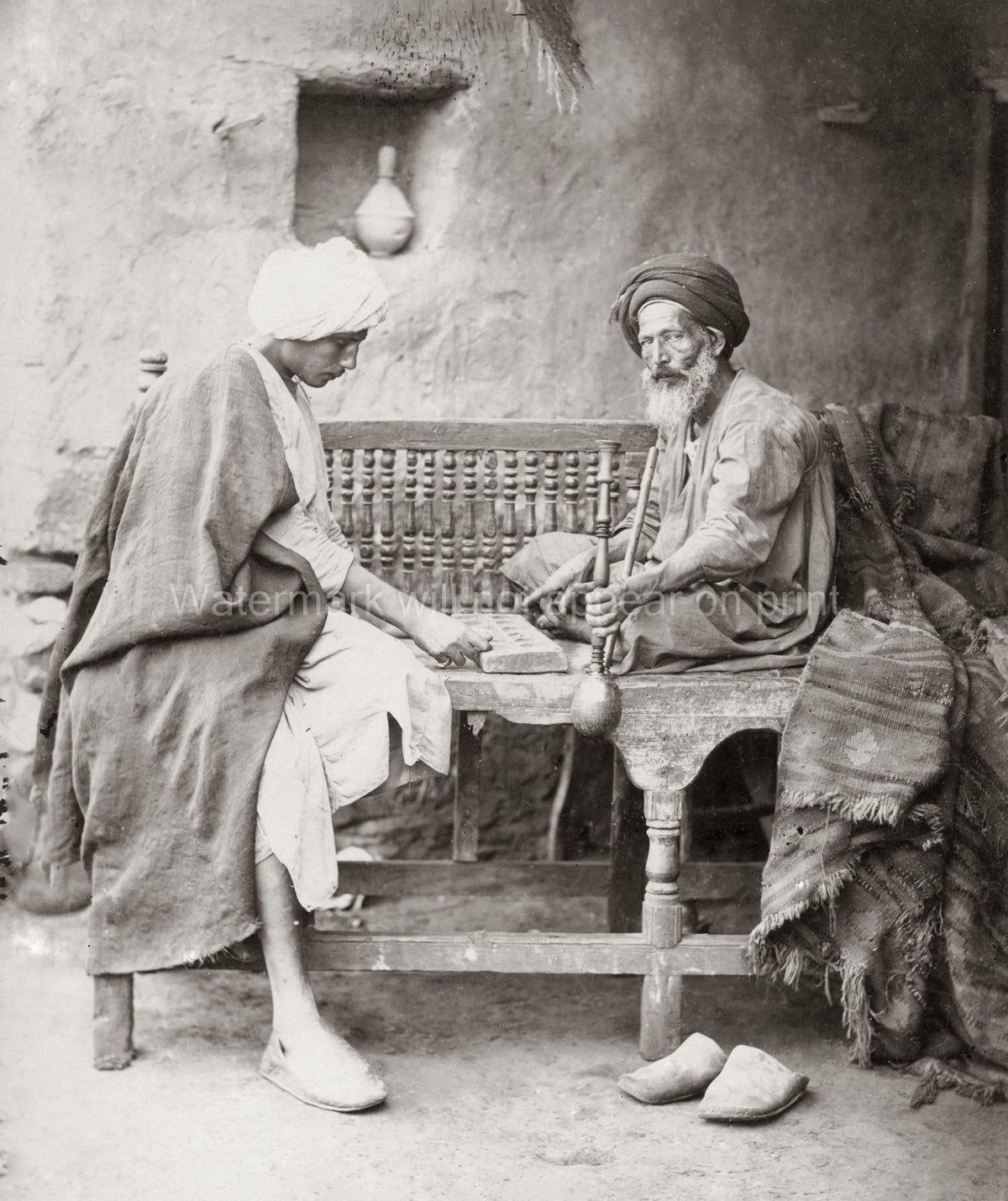 Egyptian Men Playing Board Game Smoking Hookah Pipe Turban Vtg. Photo 19thC.
