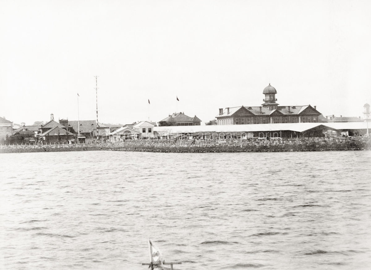 Yokohama Japan Harbour Waterfront Seawall Buildings Flags Vtg. Photo 19thC.