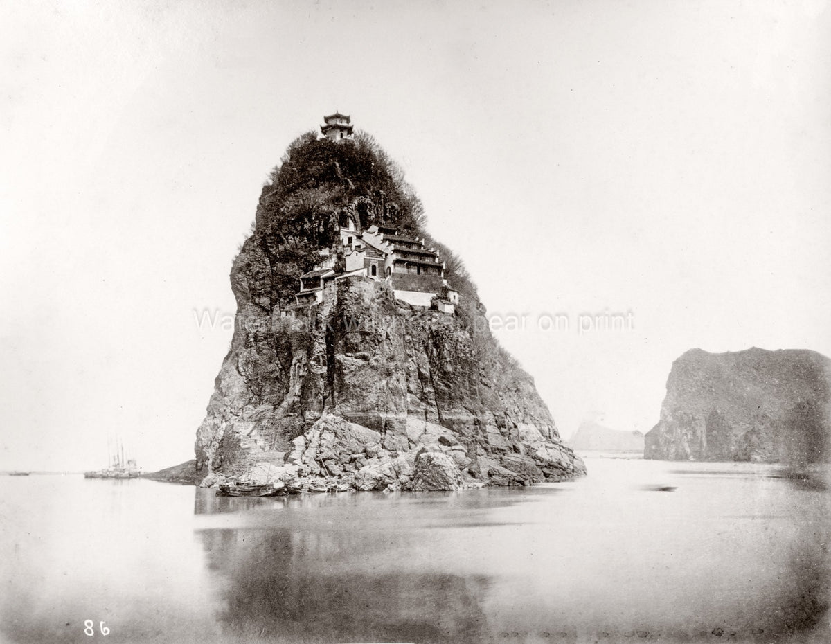 China Little Orphan Rock Yangtze River Anhui Temple Pagoda Vtg. Photo 19thC.