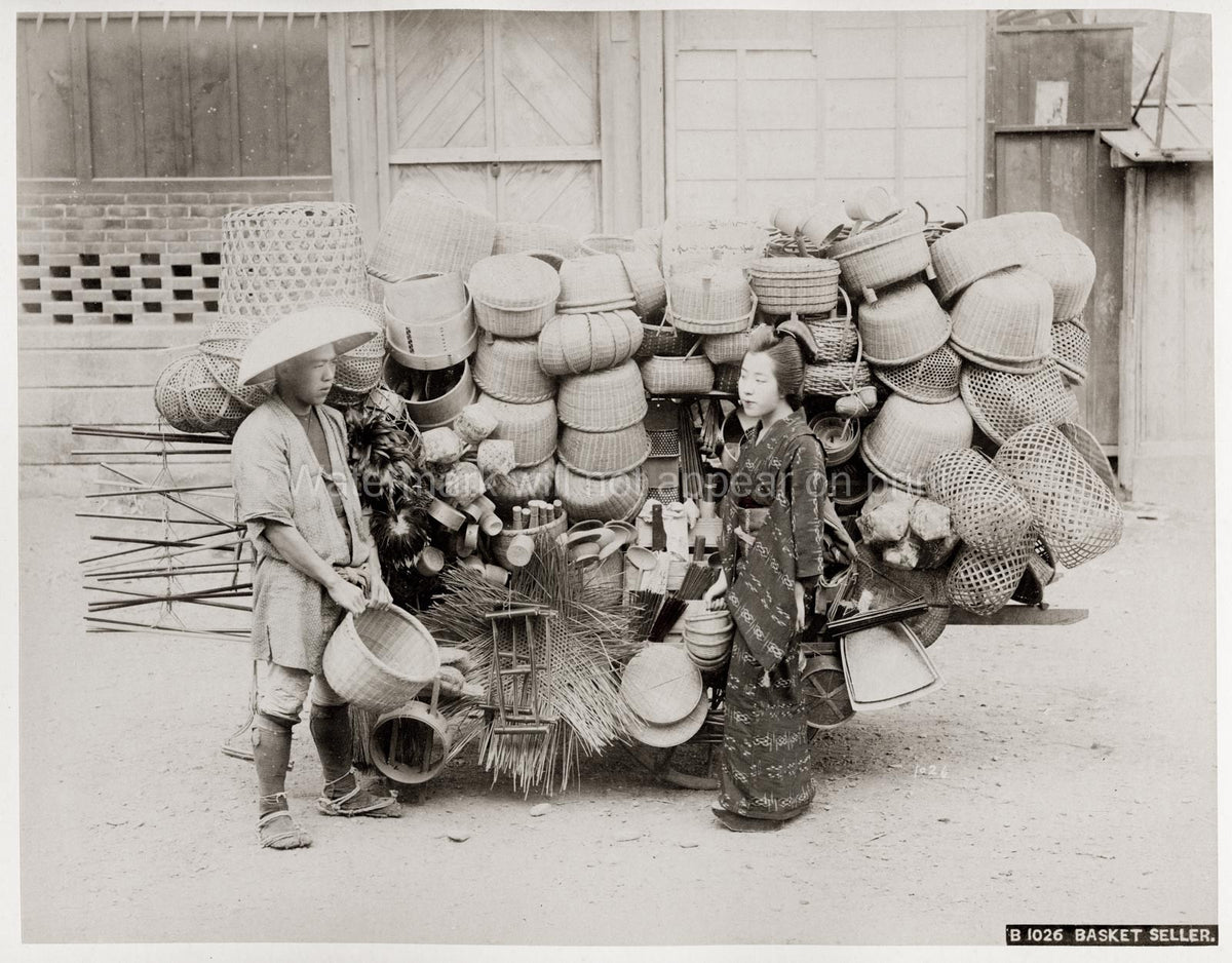 Japan Basket Seller Man Woman Kimono Wares Cart Street Scene Vtg. Photo 19thC.