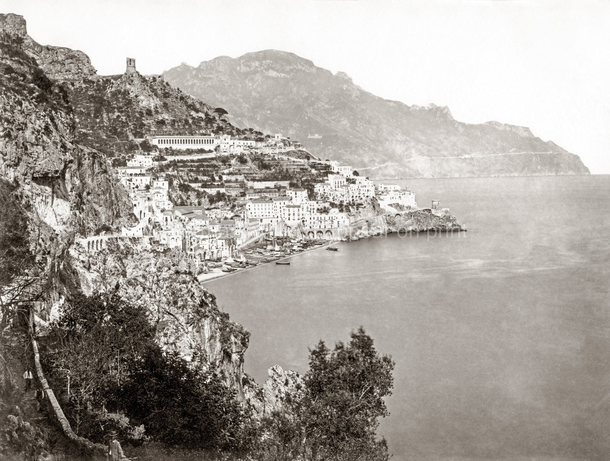 Amalfi Coast Italy Seaside Town Cliffs Harbor Boats Vtg. Photo 19thC.