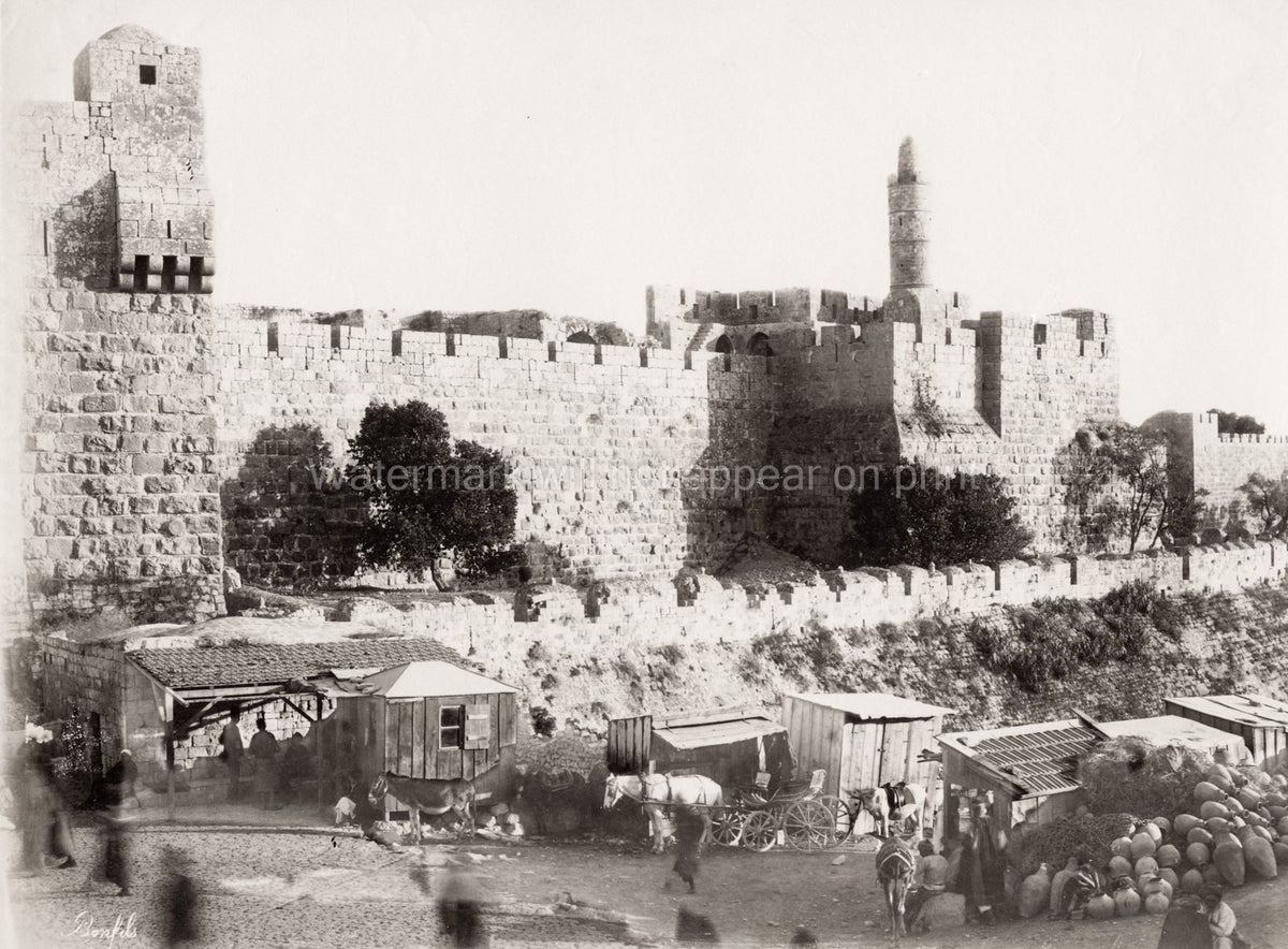 Jerusalem Jaffa Gate Fortress Citadel Tower David Street Scene Vtg. Photo 19thC.
