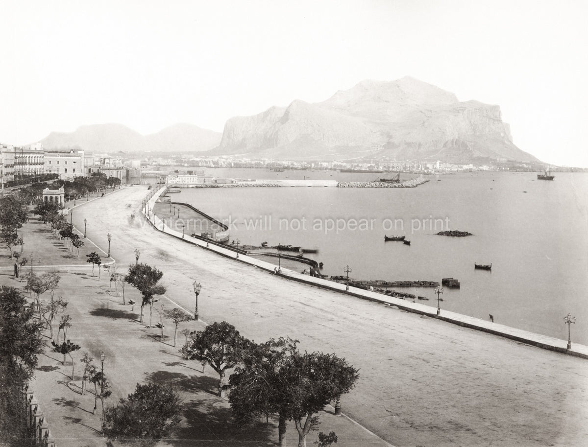 Palermo Sicily Foro Italico Seafront Harbor Mountain Coast Vtg. Photo 19thC.