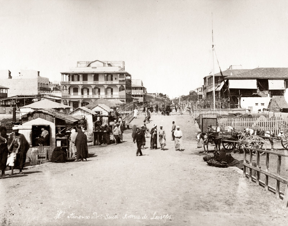 Port Said Egypt Avenue de Lesseps Street Scene Market People Vtg. Photo 19thC.