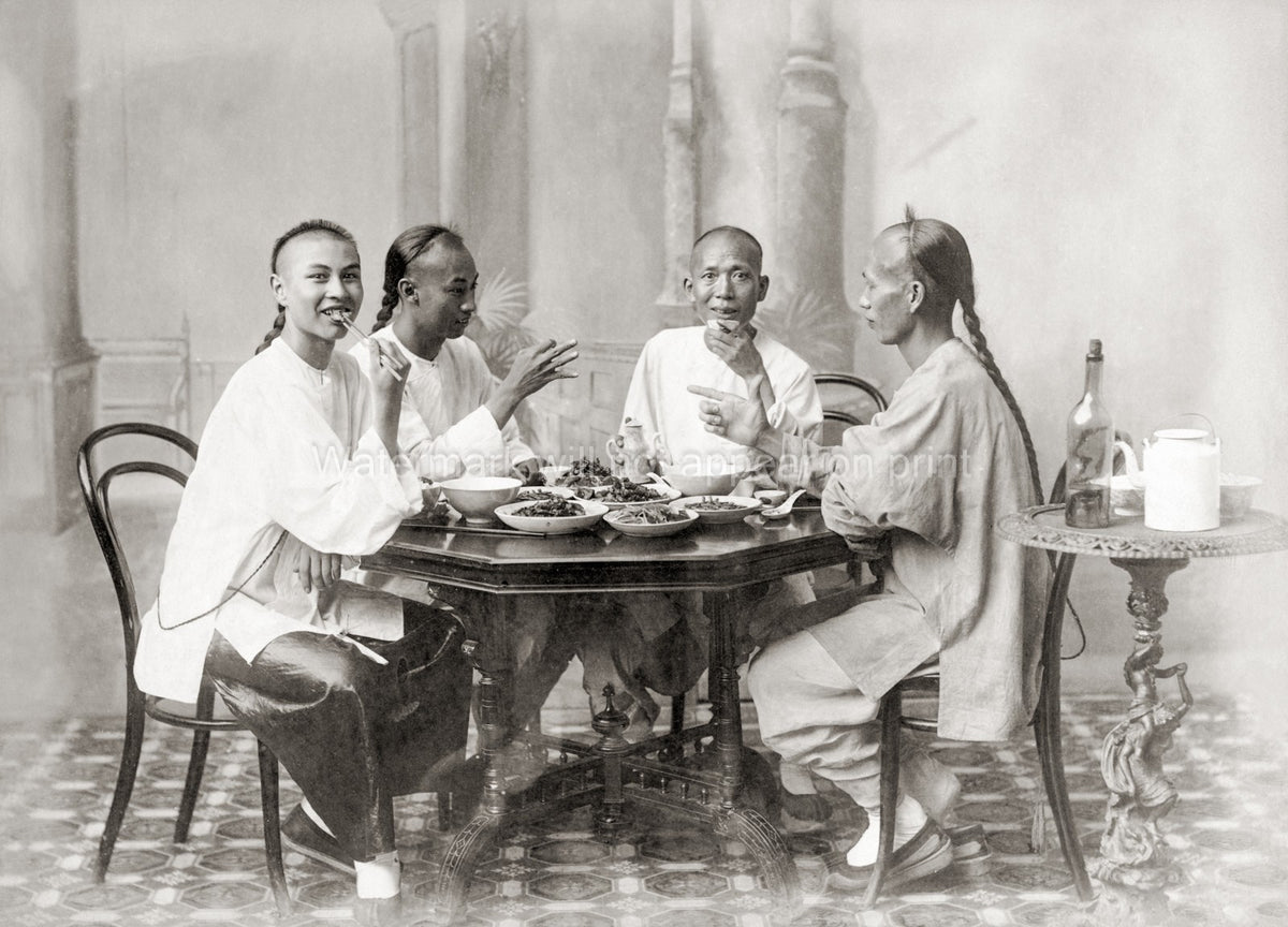 Chinese Men Eating Meal Dining Queue Hairstyle China Vtg. Photo 19thC.
