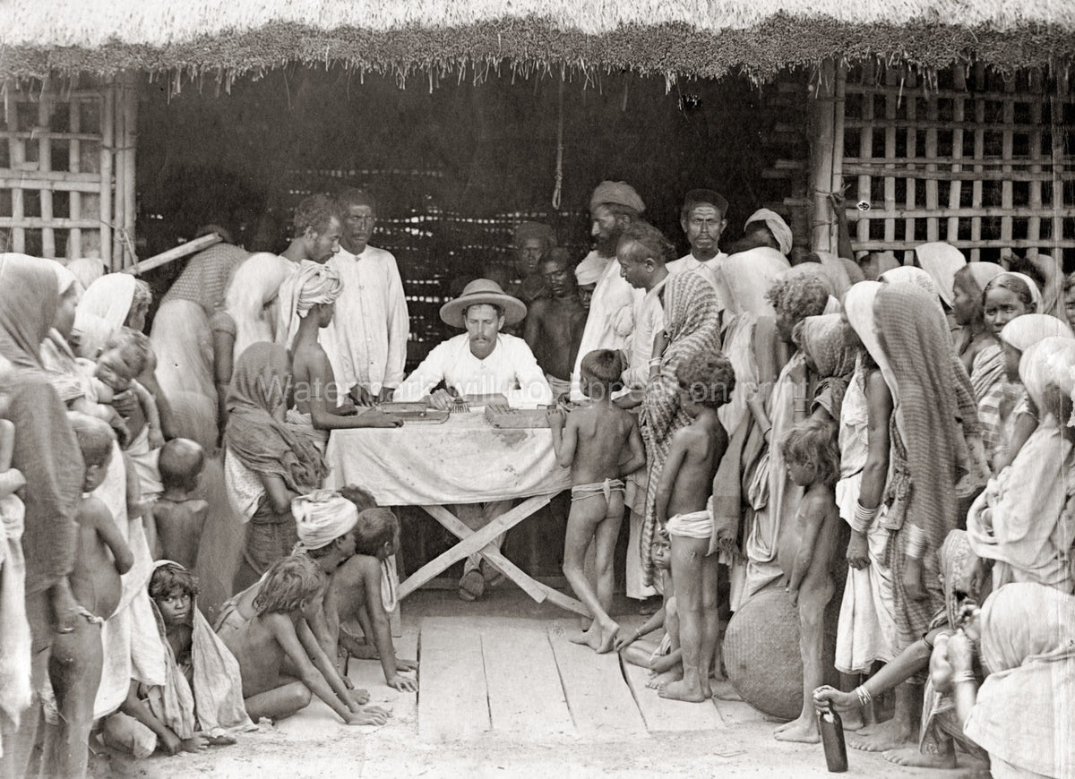 India Tea Estate Paying Child Labourers Colonial Workers Crowd Vtg. Photo 19thC.