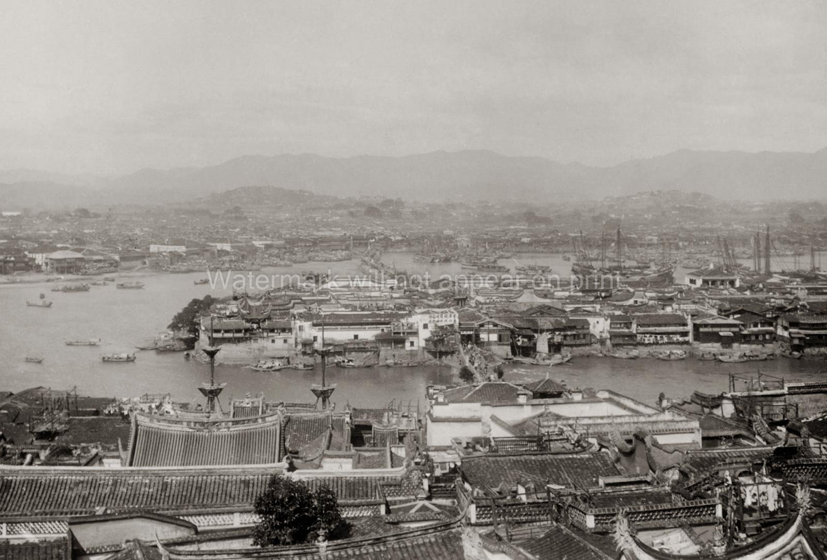 Foshan Guangdong China Cityscape Harbor Boats Junks River Vtg. Photo 19thC.