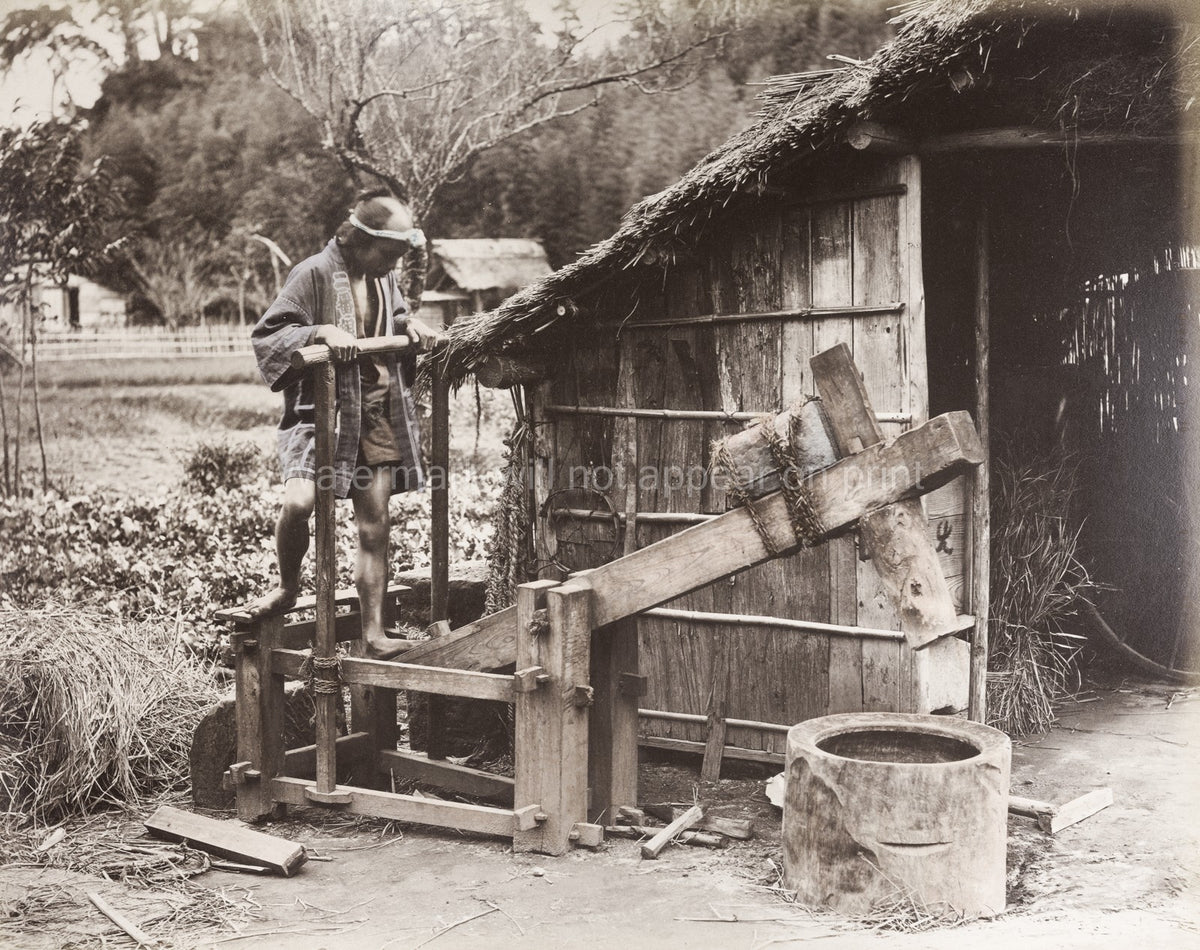 Japanese Farmer Grinding Pounding Rice Treadmill Machine Rural Vtg. Photo 19thC.