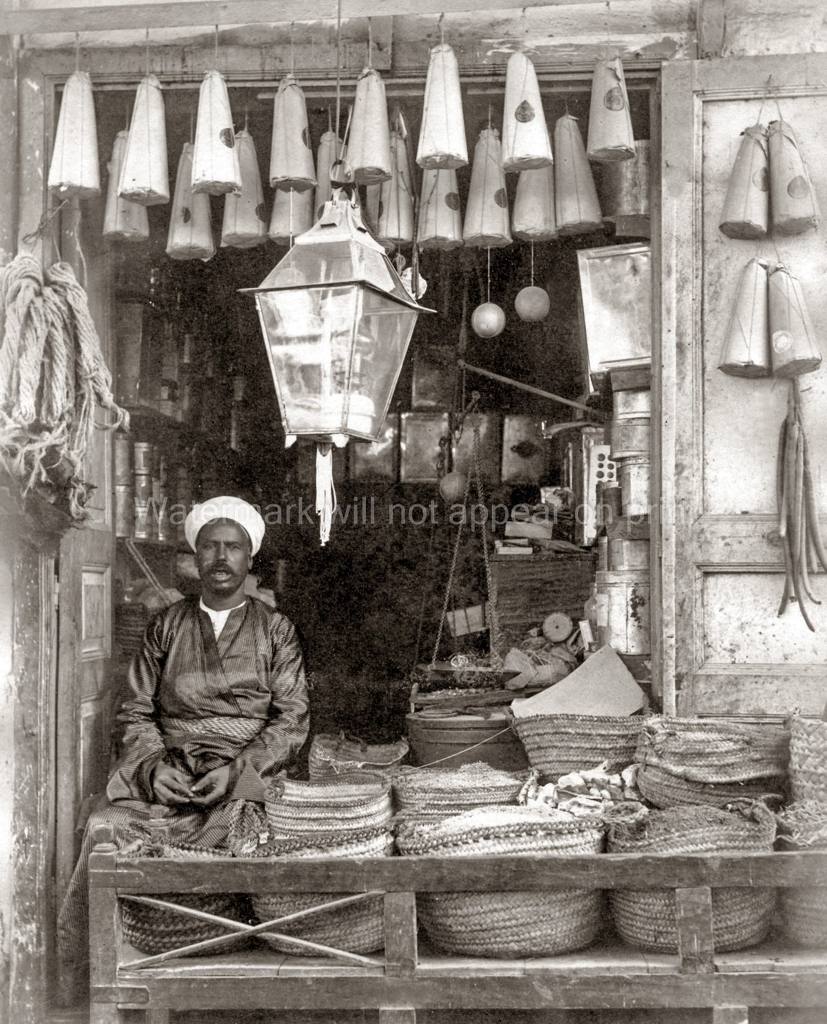 Cairo Egypt Spice Store Vendor Man Turban Baskets Lantern Vtg. Photo 19thC.