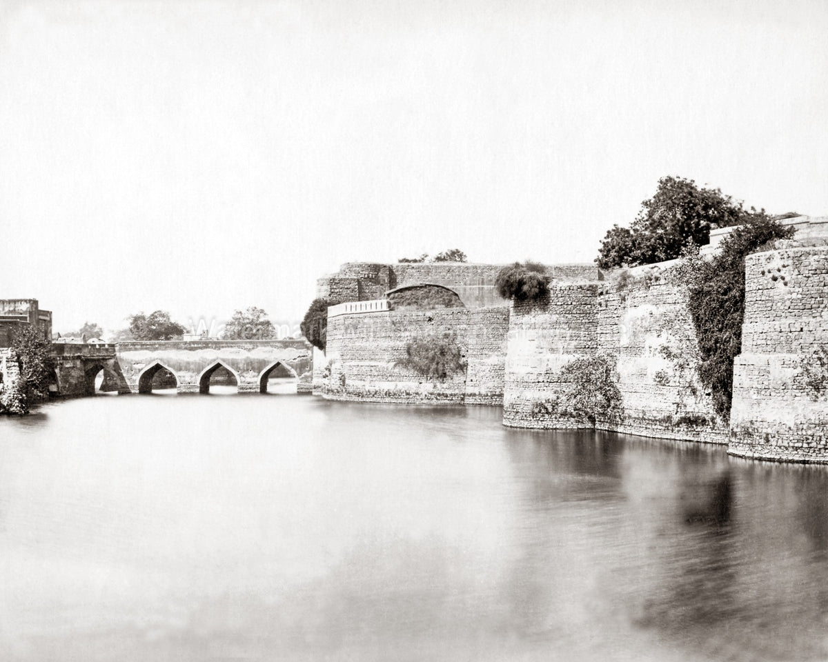 Fort Bhurtpore India Stone Wall Moat Bridge Fortress Vtg. Photo 19thC.