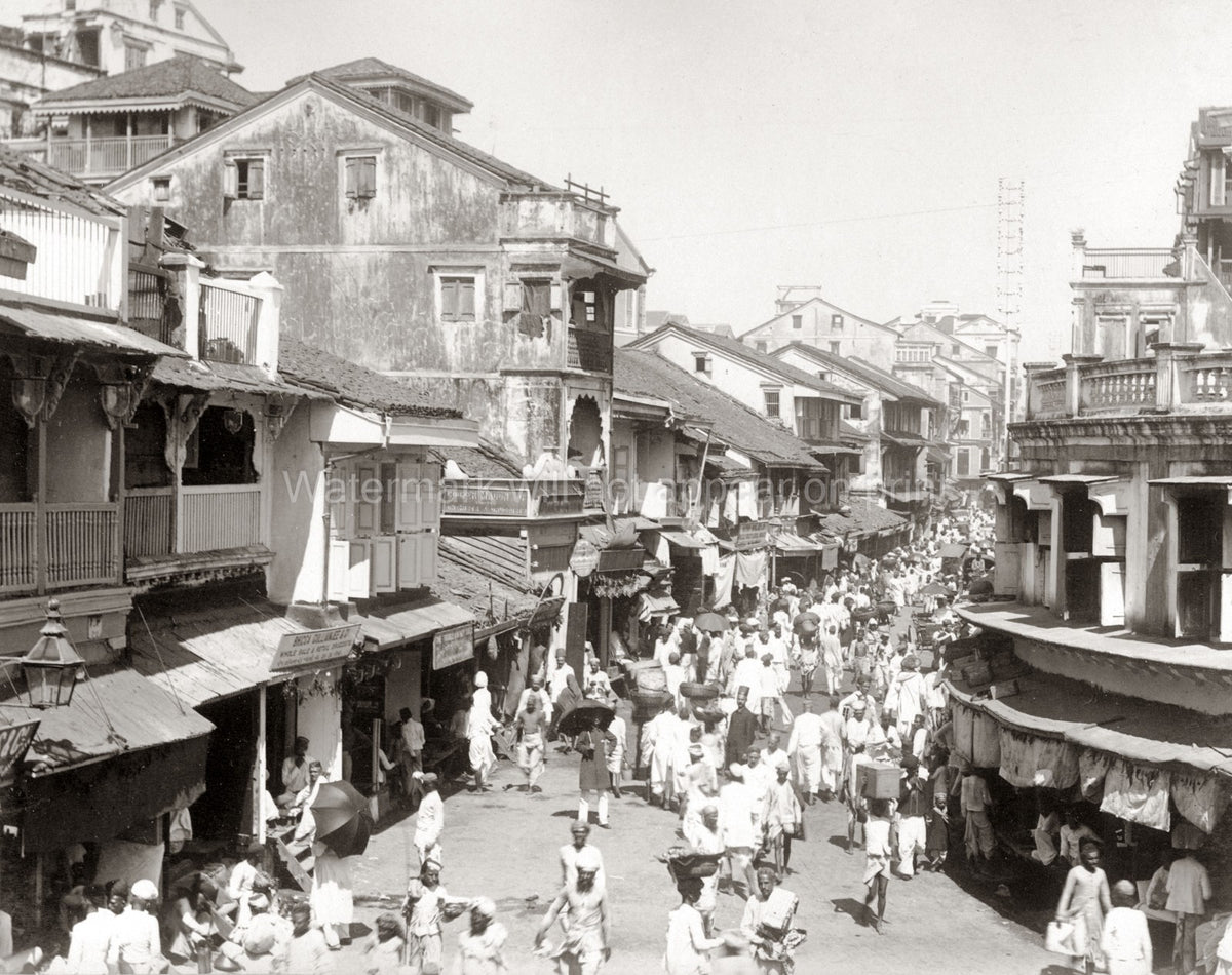 Bombay India Street Scene Mumbai Crowded Market Porters Vtg. Photo 19thC.