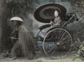 Japanese Woman Parasol Rickshaw Man Grass Coat Kimono Vtg. Photo 19thC.