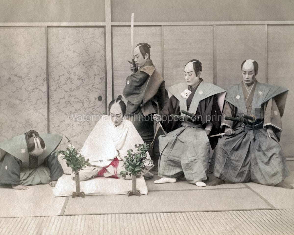 Japan Staged Harikiri Seppuku Ritual Samurai Actors Kabuki Vtg. Photo 19thC.