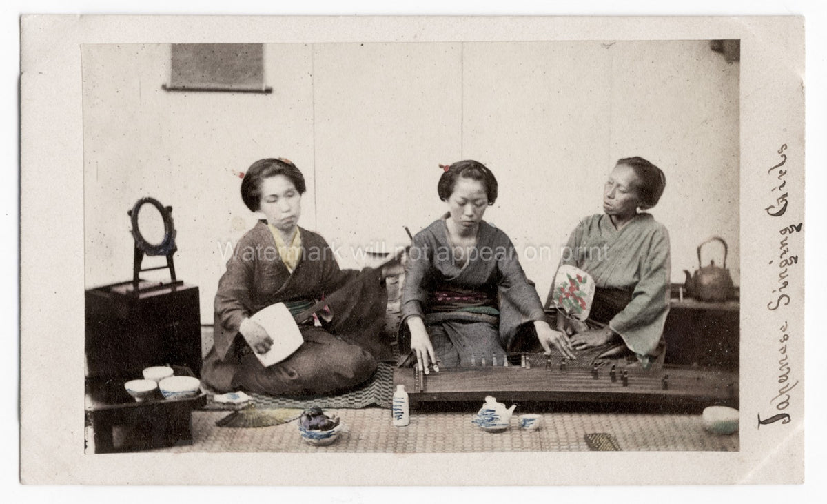 Japanese Singing Girls Musicians Koto Instrument Kimono Music Vtg. Photo 19thC.