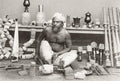 India Wood Turner Craftsman Working Lathe Workshop Tools Vtg. Photo 19thC.