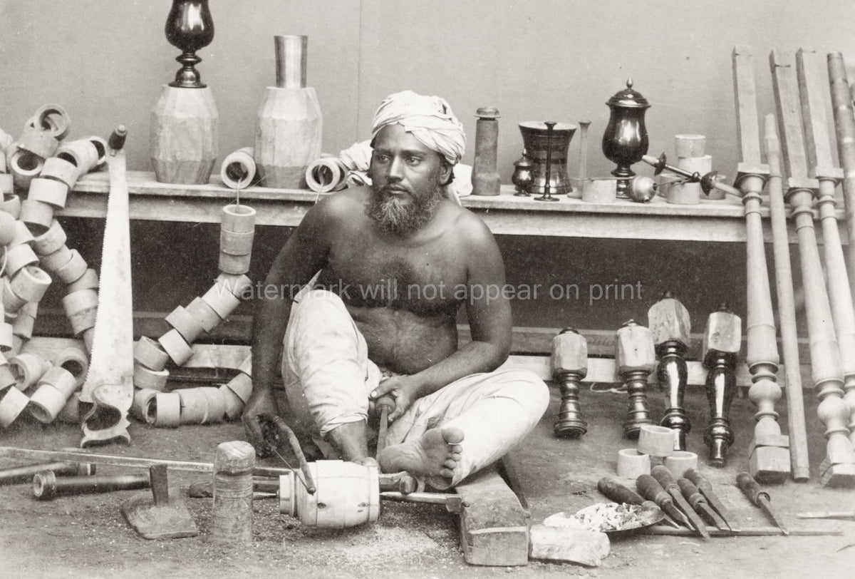 India Wood Turner Craftsman Working Lathe Workshop Tools Vtg. Photo 19thC.