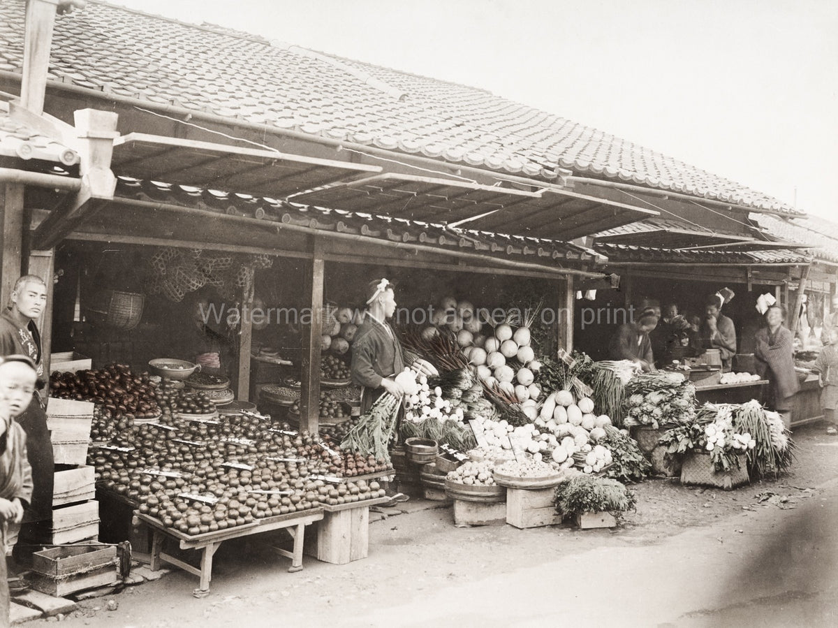 Japan Fruit Vegetable Stall Outdoor Market Shop Merchants Vtg. Photo 19thC.