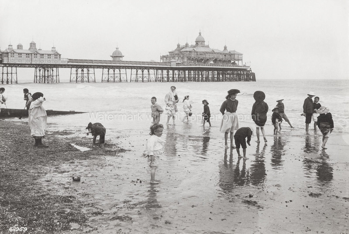 Eastbourne Pier East Sussex Children Paddling Beach Seaside Vtg. Photo 19thC.