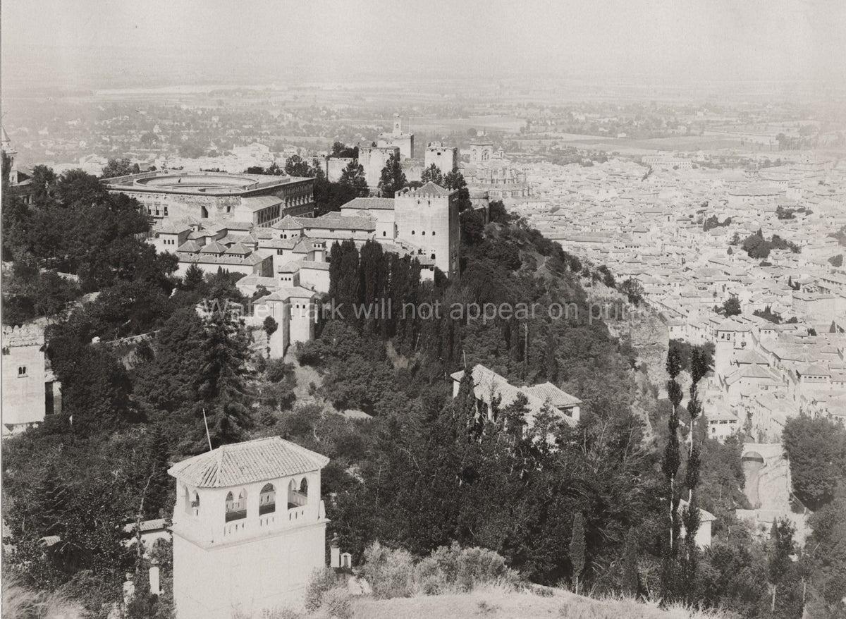 Granada Spain Alhambra Palace Cityscape Hilltop Fortress View Vtg. Photo 19thC.