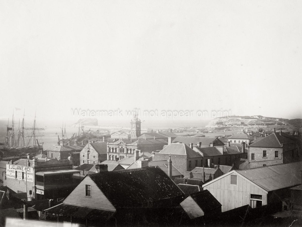 Newcastle Australia Harbour Ships Cityscape Rooftops Clock Vtg. Photo 19thC.