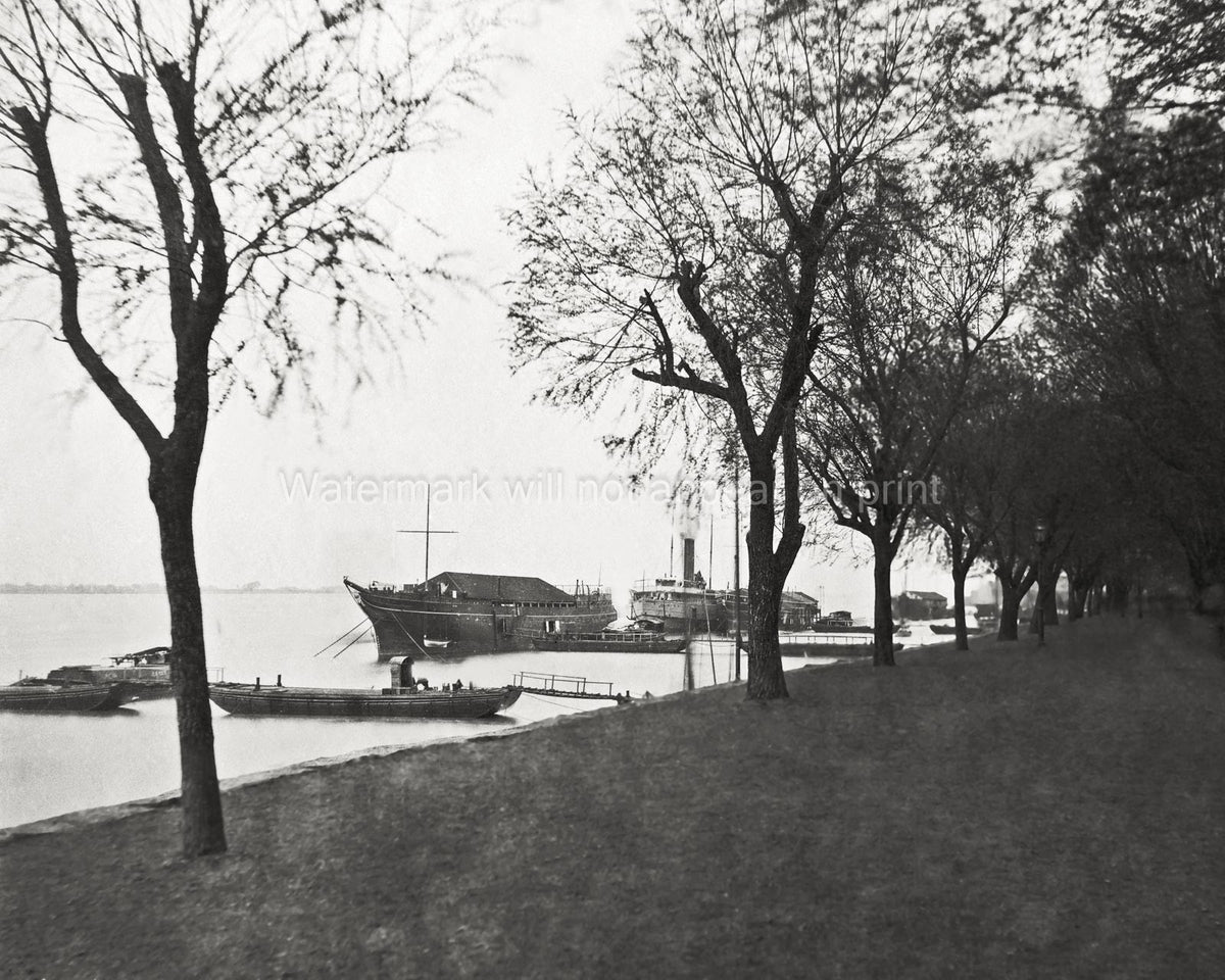 Hankow Bund China Ships Steamship Barges Waterfront River Vtg. Photo 19thC.