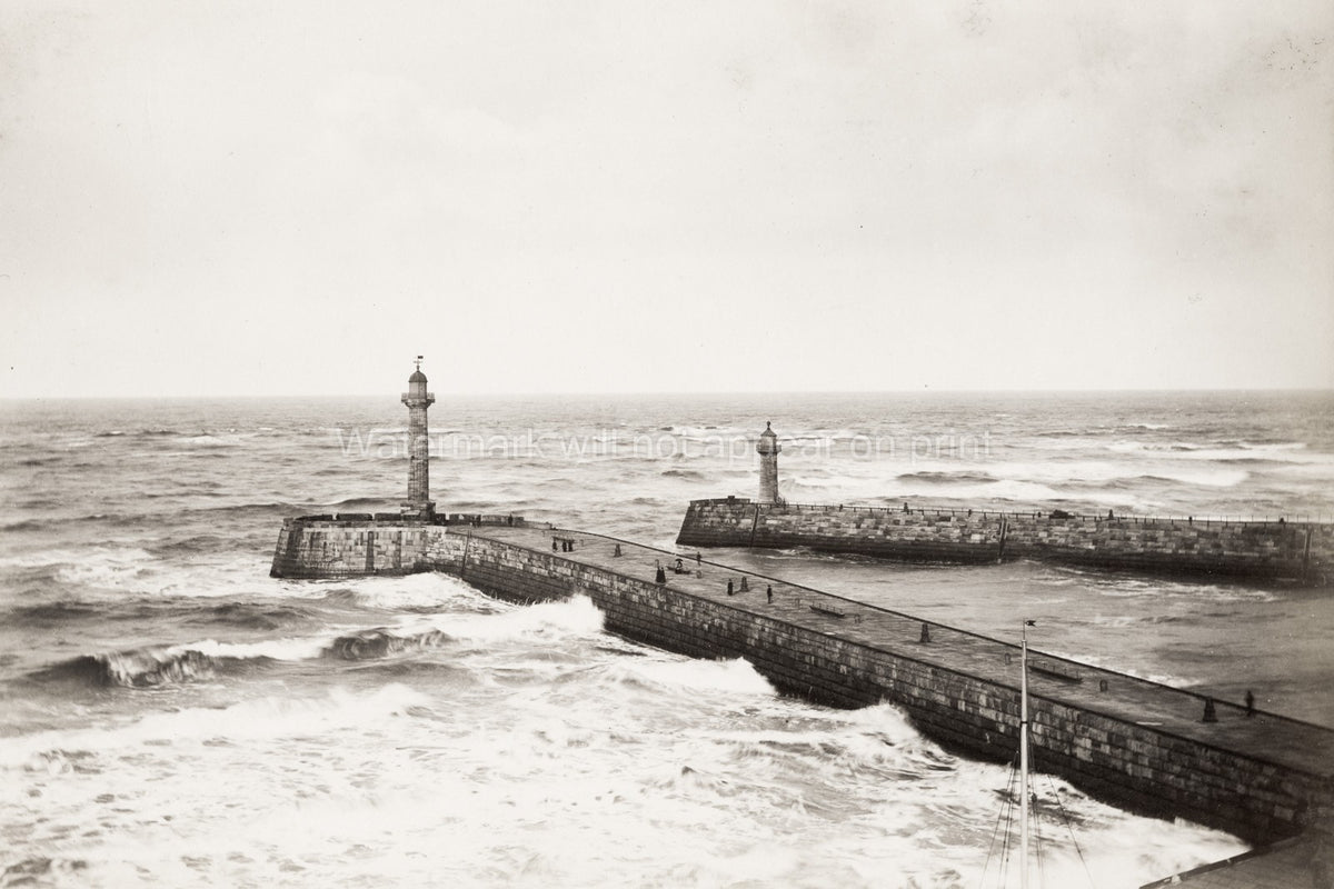 Whitby Yorkshire Harbour Mouth Lighthouse Sea Pier Breakwater Vtg. Photo 19thC.