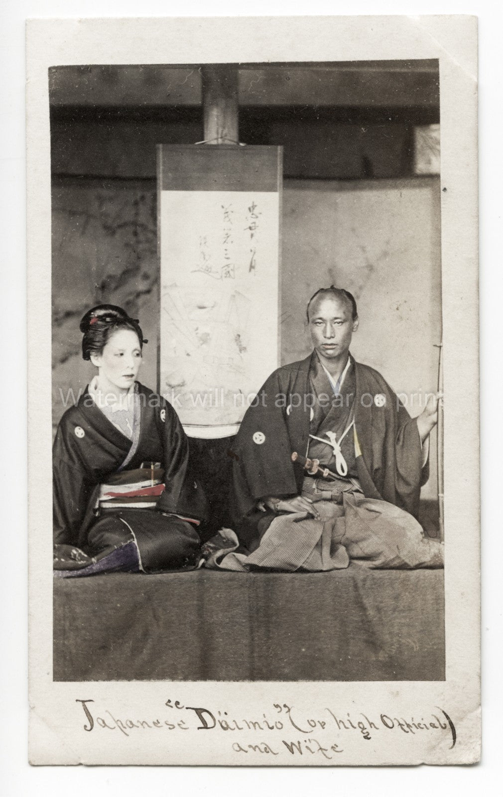 Japanese Daimyo High Official Wife Samurai Kimono Couple Vtg. Photo 19thC.