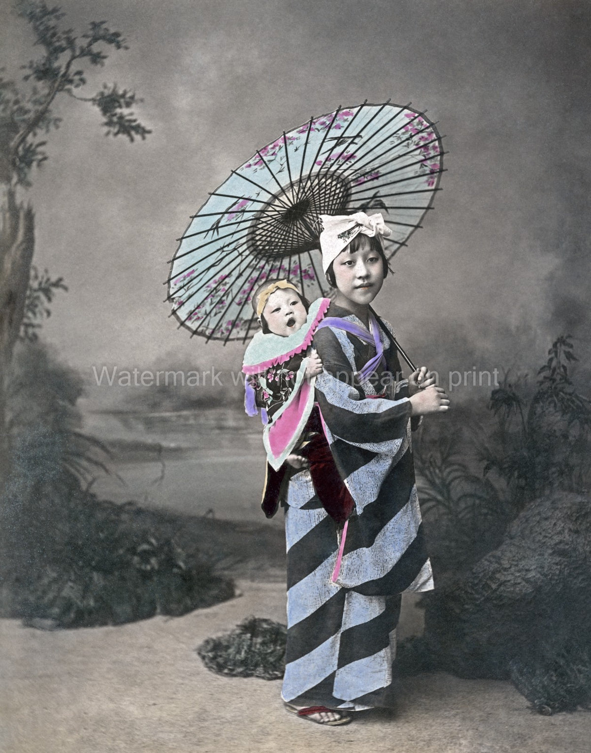 Japan Young Girl Baby Kimono Parasol Traditional Dress Carrier Vtg. Photo 19thC.
