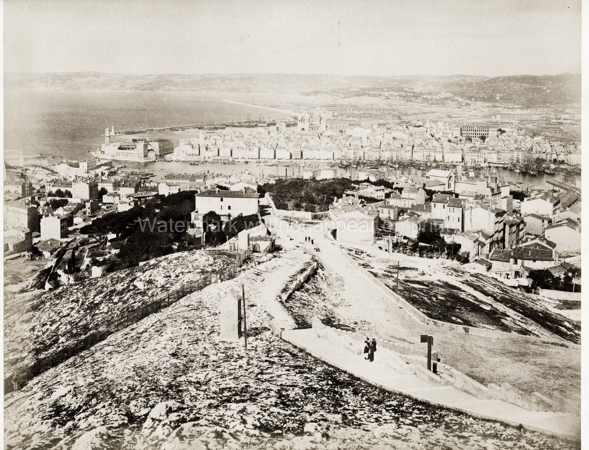 Marseille France Harbor Cityscape Old Port Panorama Vtg. Photo 19thC.