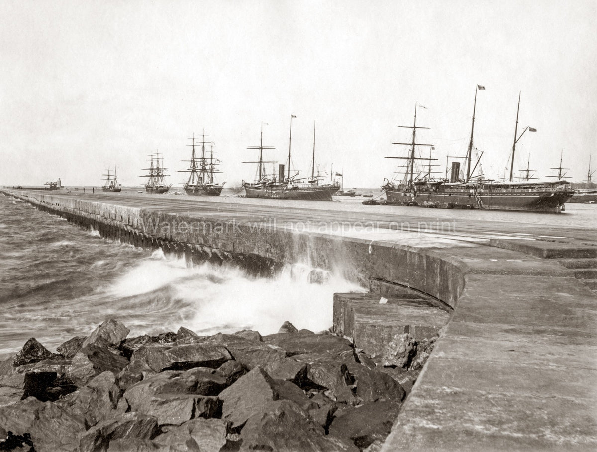 Colombo Ceylon Ships Breakwater Harbor Ocean Waves Vtg. Photo 19thC.