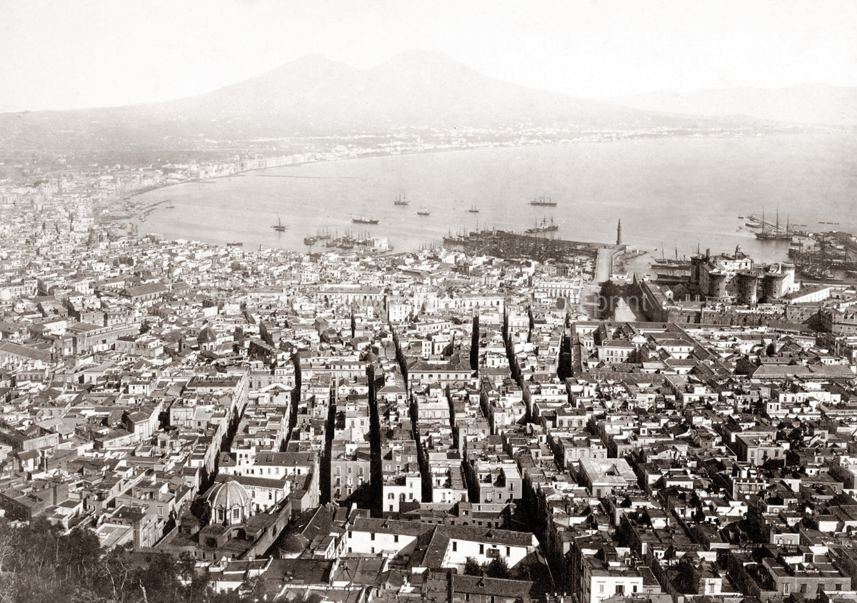 Italy Naples City View Mount Vesuvius Mediterranean Harbor Vtg. Photo 19thC.