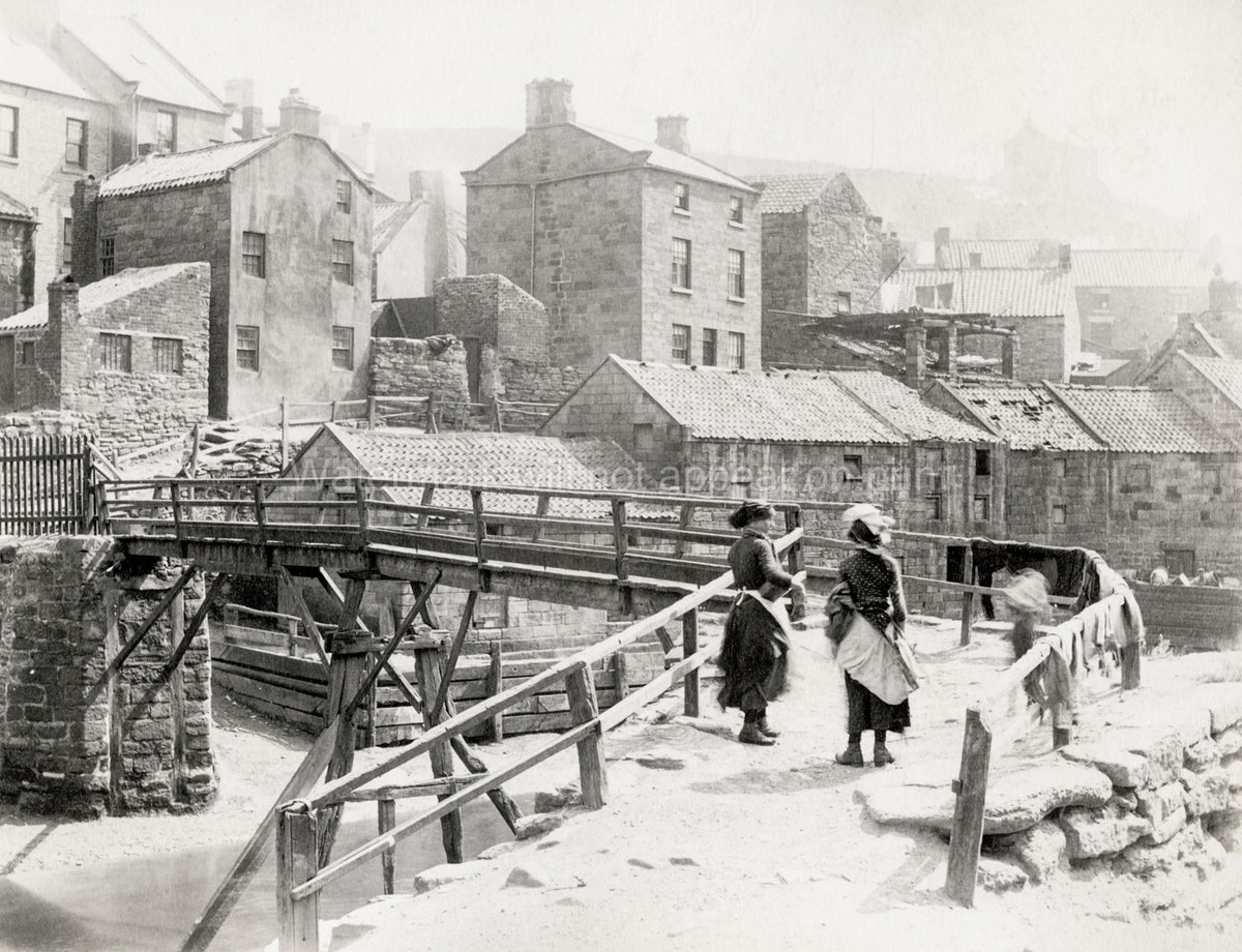 Staithes Yorkshire Fishing Village Wooden Bridge Women Houses Vtg. Photo 19thC.