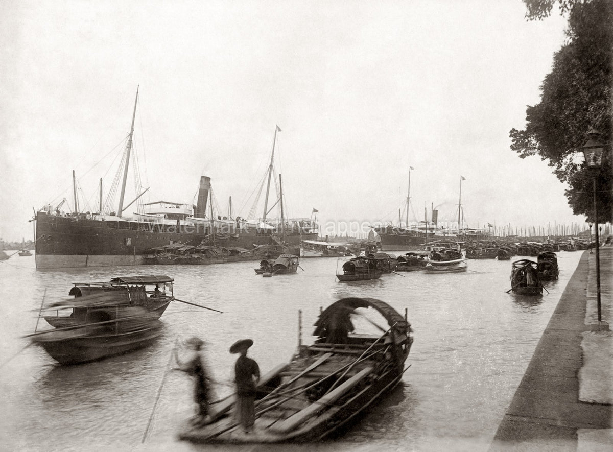 Canton China Harbor Steamers Sampans River Boats Commerce Vtg. Photo 19thC.