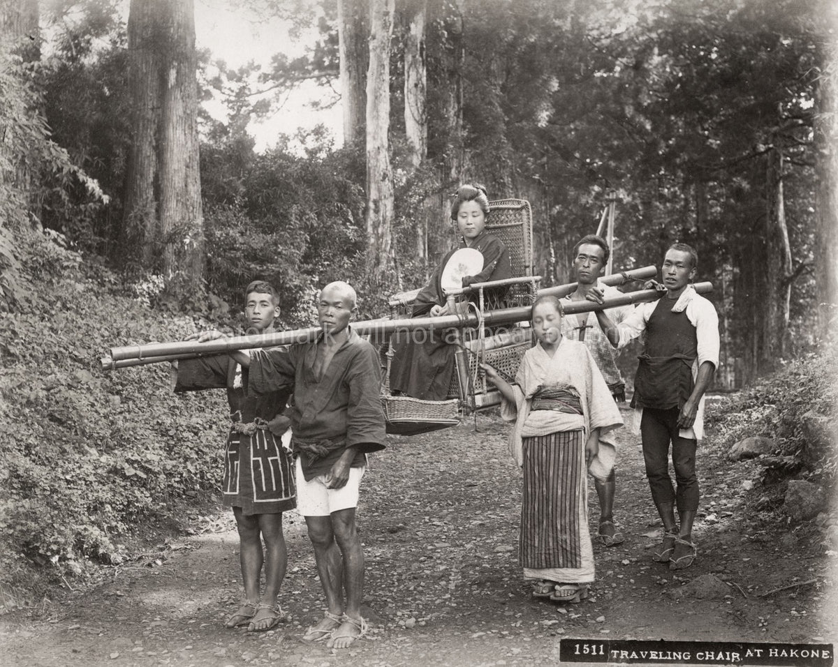 Hakone Japan Woman Sedan Chair Porters Traditional Dress Vtg. Photo 19thC.
